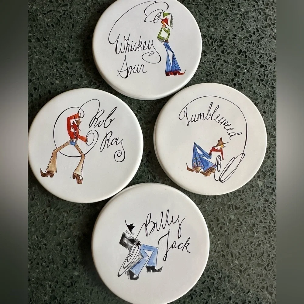Pottery Barn Tie One On Cocktail Western Cowboy Ceramic Set of 4 Coasters